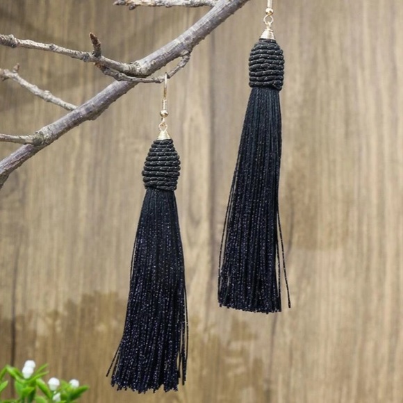 Black Tassel Drop Dangle Earrings - Picture 3 of 5